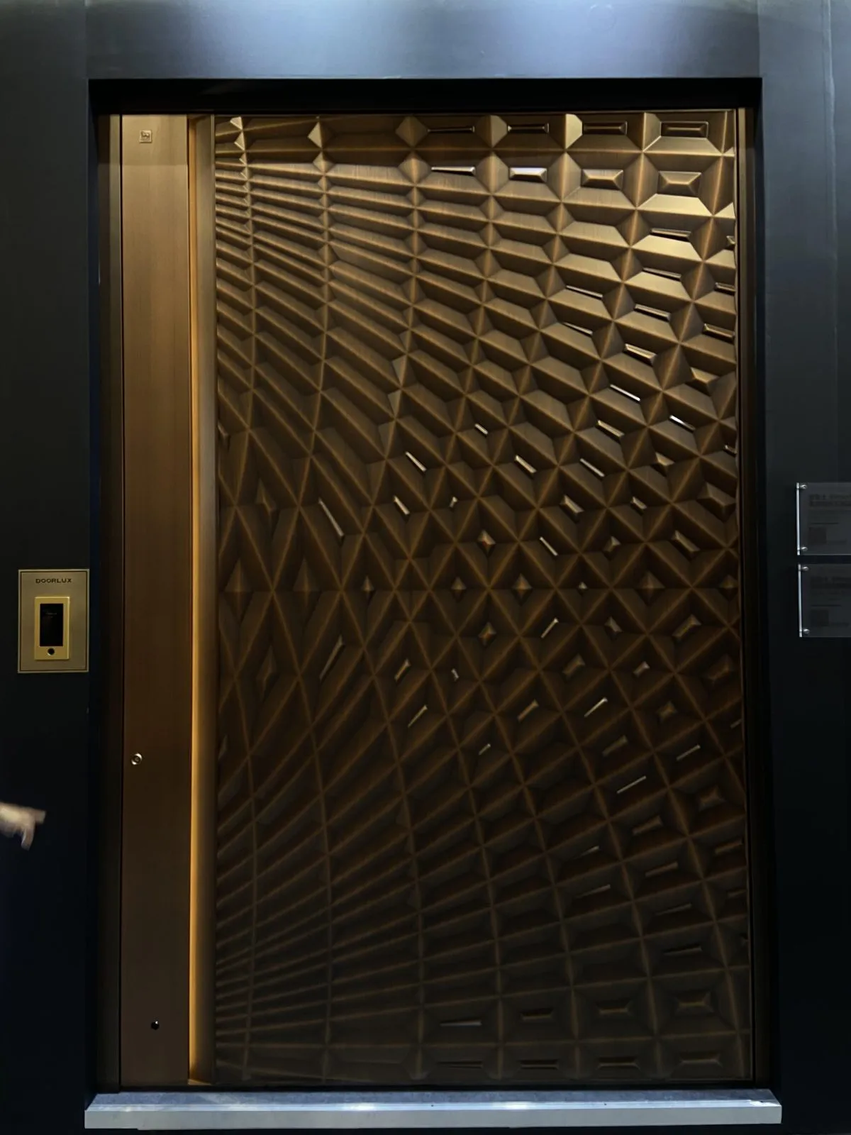 Deep diagonal lattice relief in dark bronze, with a slim vertical light line.