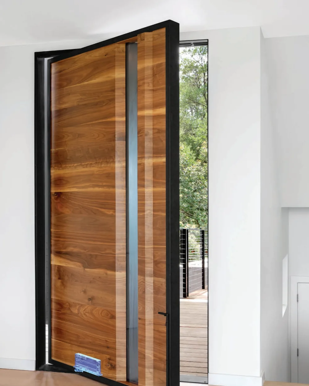 Walnut pivot door on a FritsJurgens System M+ hinge, with the concealed hinge shown in blue