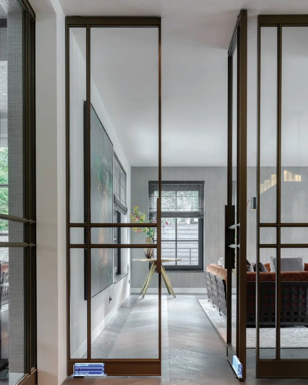 Steel and glass pivot doors on FritsJurgens hinges, with the concealed hinges shown in blue