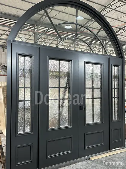 Arched black glazed double door with sidelights, photographed on our floor