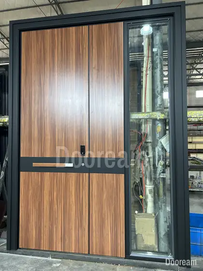 Walnut-print and glass double door, photographed on our floor