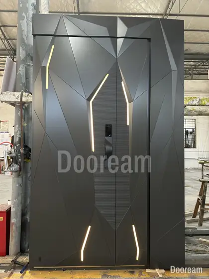 Faceted door with light lines, photographed on our floor