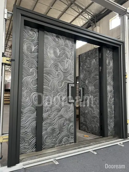 Swirl-relief double door with sidelights, photographed on our floor
