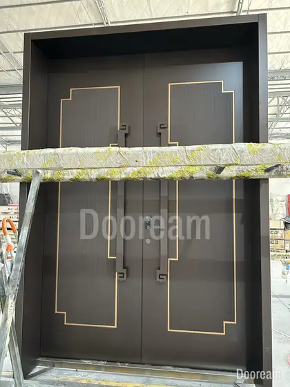 Dark double door with gold line inlay, photographed on our floor