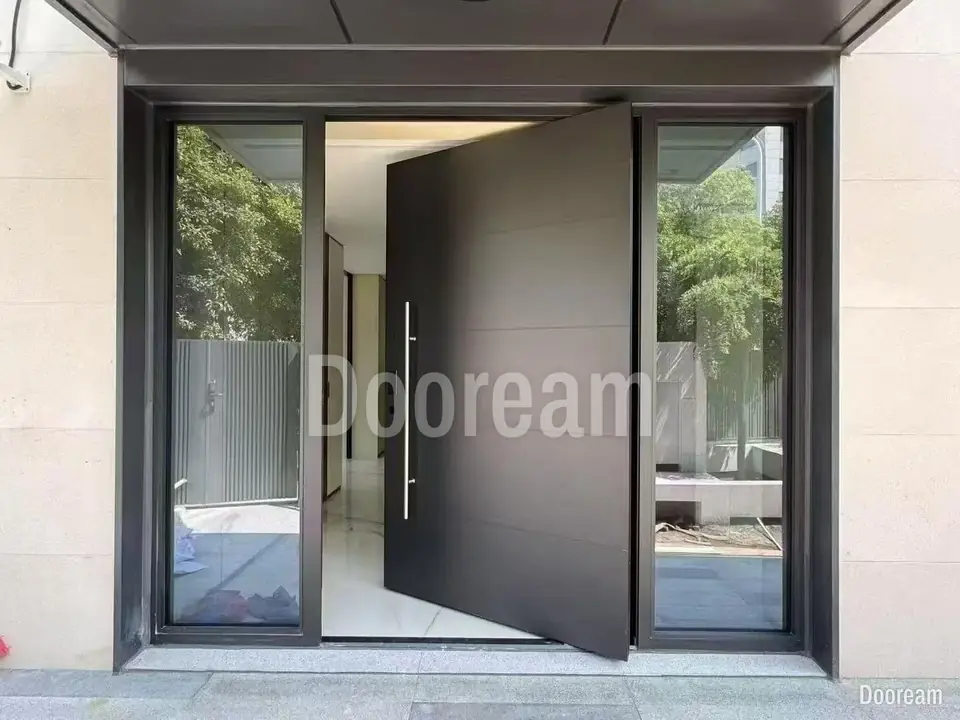 Grey entrance door with horizontal grooves, between glass sidelights, installed