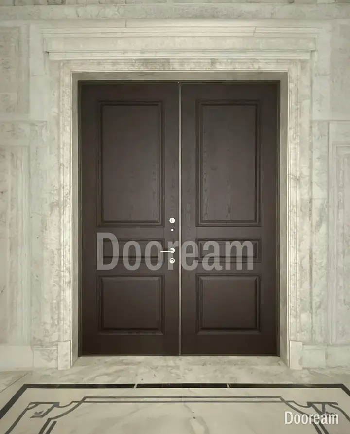Dark-brown classic double door with wood-grain detail and an electronic lock, installed