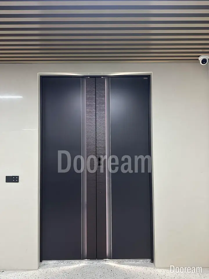 Dark double door with a vertical decorative strip at the centre, installed