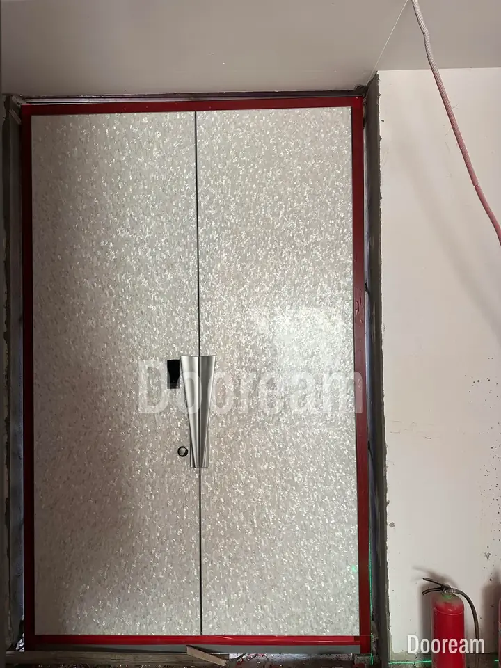 Light-silver textured double door, installed