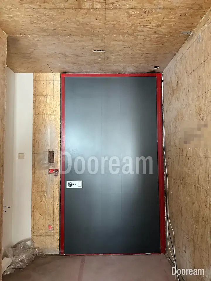 Simple dark single door, installed