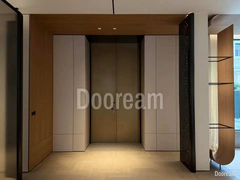Light-bronze door framed by a layered entrance hall, installed