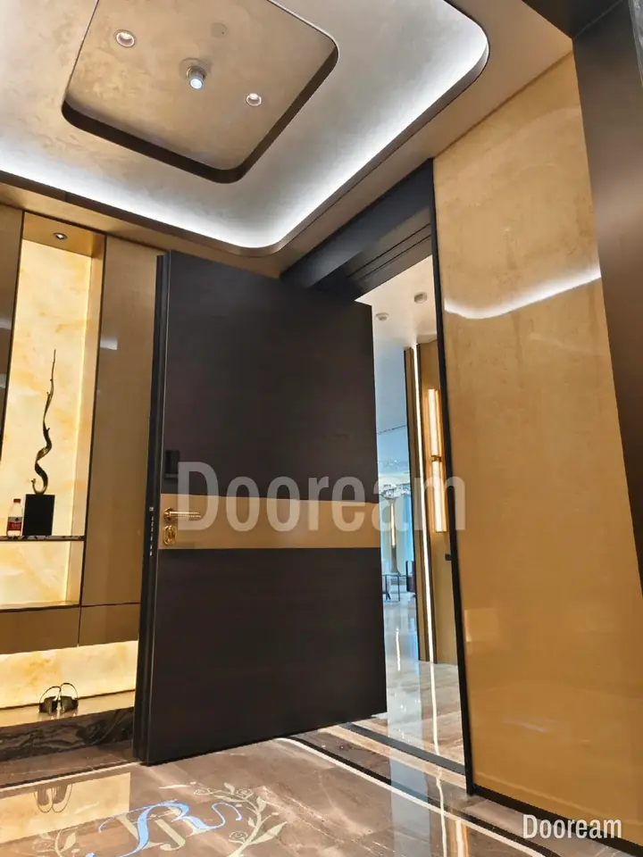 Dark-brown door with a wide gold band, in a luxurious stone entrance hall, installed