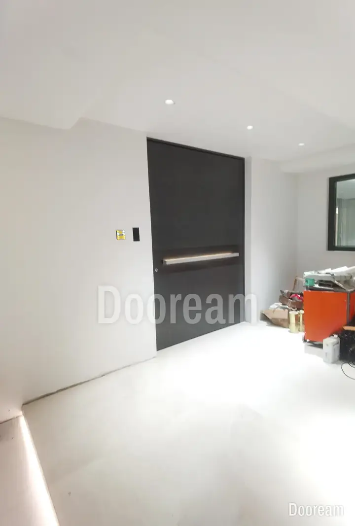Two-tone door, dark on one face and light on the other, with a horizontal contrasting band, installed